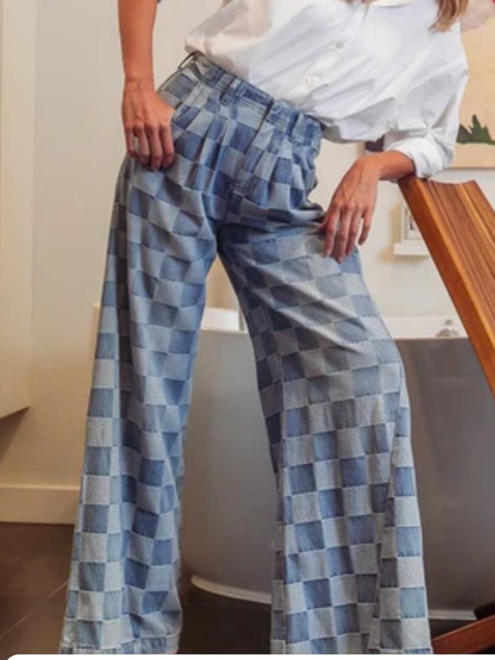 Sweet Generis High-Rise Checkered Wide-Leg Jeans - Light Blue Sz S‎